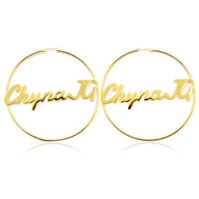 China Fashionable custom large silver vermeil pvd nameplate OEM ladies nc round circle hoop earring for sale