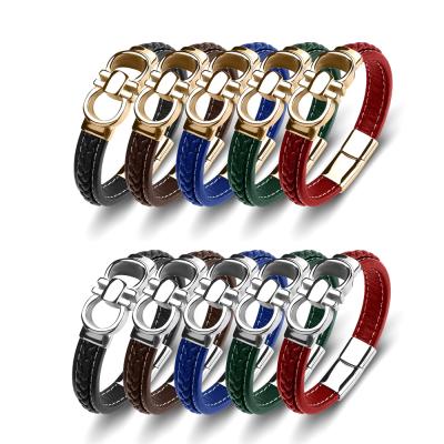 China Fashionable custom made men's unique brand jewelry punk men's rope silver design leather bracelet with steel for sale