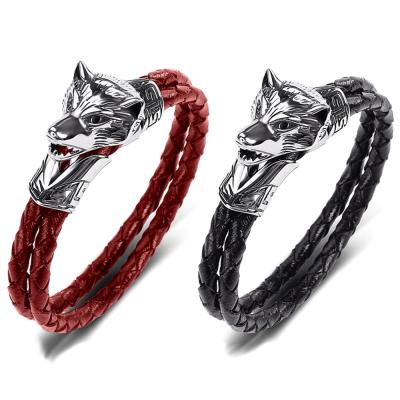 China Men's Retro Wolf Head Charms Woven Leather Bracelet Wholesale Vintage Double Layer Bracelet Leather Jewelry for sale