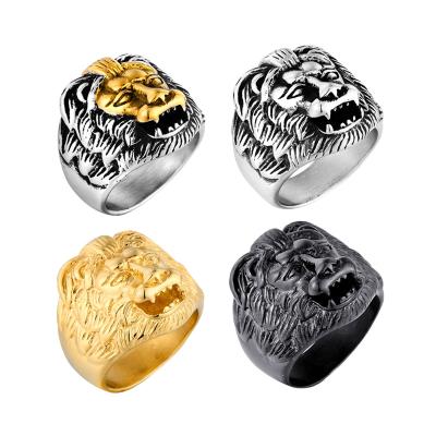 China Wholesale Fashion 316L Stainless Steel Punk Gold Lion Head Signet Ring Designs Black Stud For Men for sale