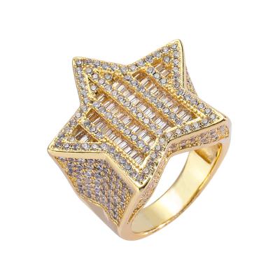 China FASHIONABLE 2021 men's gold plated iced out vvs baguette diamond star shape hip hop geometric seal ring for sale