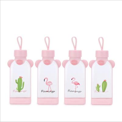 China Flamingo Shape Cute Glass Bottle , Pink Glass Bottle With Silicone Sleeve for sale