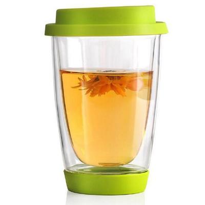 China Hand Blown 12oz Double Wall Glass Cup Reusable Tumbler With Silicone Lid for sale