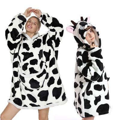 China New Home Print Hoodie Blanket Coral Fleece Nightwear Lovers PORTABLE Warm Winter Sleepwear Flannel Robe for sale