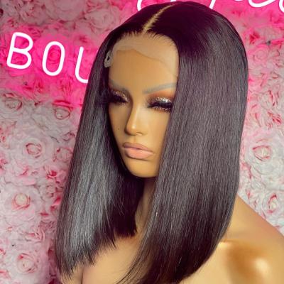 China Silky Straight Wave 13x4 Short Bob Pre ​​Plucked And Bleached 10 Inch Knots Virgin Hair Brazilian Straight Lace Front Wig For Black Women for sale