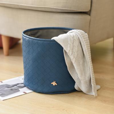 China Sustainable New Style Blue Round Soft PU Leather Storage Box With Handles for sale