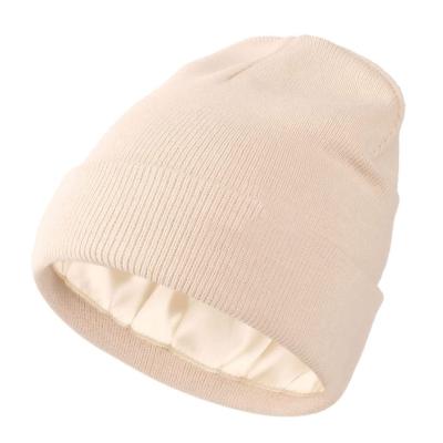 China COMMON Winter Acrylic Knitted Satin Striped Simple Women Cuffed Winter Knitted Beanie Satin for sale