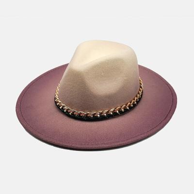 China Flat Gradient Fedora Wide Brim Unisex Two Wool Felt Tone Fedora Hats Of The Picture Elegant Women Round Top for sale