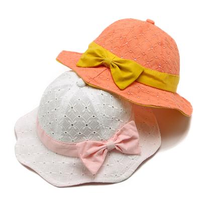 China Spring Summer Cozy Princess New Lace Bucket Hat With Bow Custom Made Reversible Fishing Hat Baby Kids Children Hat for sale