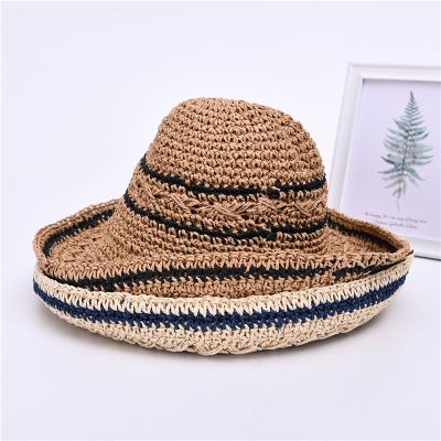 China Picture Striped Soft Sun Hat Women Straw Hat Wholesale Panama Beach Summer Sun Brim Wide Paper Pad Straw for sale