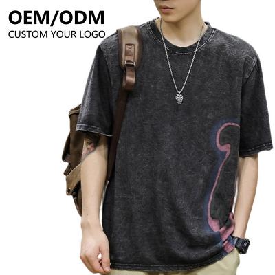 China 2022 New Fashion Heavyweight Cotton Retro Distress Oversize 100% T-shirt Vintage Loose T-shirt Custom Printing Anti-shrink Logo Men for sale