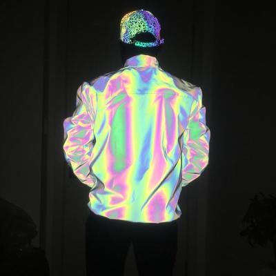 China 2022 Custom Logo Iridescent Fashion Color Rainbow Zipper Waterproof Men's Reflective Jacket Reflect Clothes In The Dark for sale