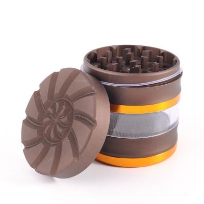 China Wholesale Hot Selling Color Matching New Frosting Aluminum Alloy Spice Grinder 55mm 4 Parts Aluminum Herb Grinder With Window for sale