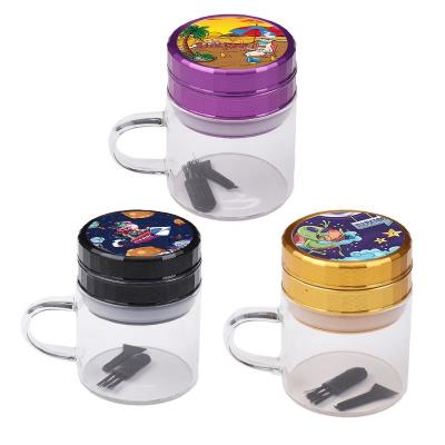 China Wholesale Custom Logo 55mm Aluminum+glass 3 Parts New Design Tobacco Grinder Handle Smoke Herb Grinder Storage Jar With for sale