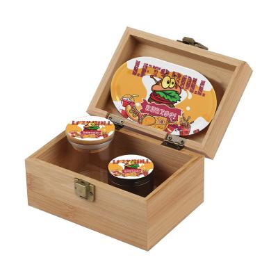 China Wholesale Wooden Box Kitt Tobacco Set of Metal+Wooden Mini Smoking Accessories Custom Metal Herb Grinder Rolling Tray Smoke for sale