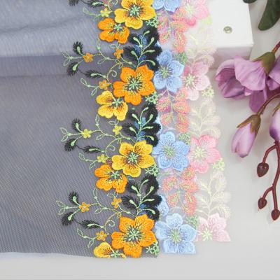 China OEM 3D Flower Embroidery Lace Fabric Blue Rose Floral Embroidered Trim Mesh Fabrics Lace For Women for sale