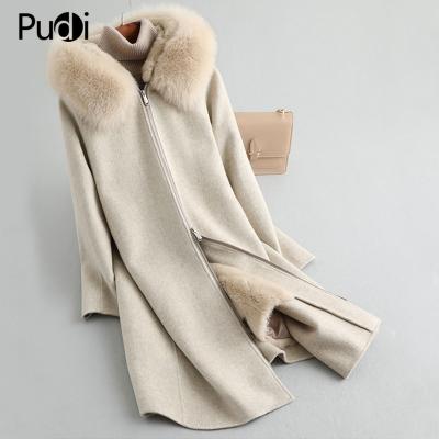 China A59767 Women's Real Fabric 100%wool Zipper Coat Lady Rex Fur Lining Fox Fur Collar Leisure Autumn/Winter Wool Long Lasting Outwear for sale