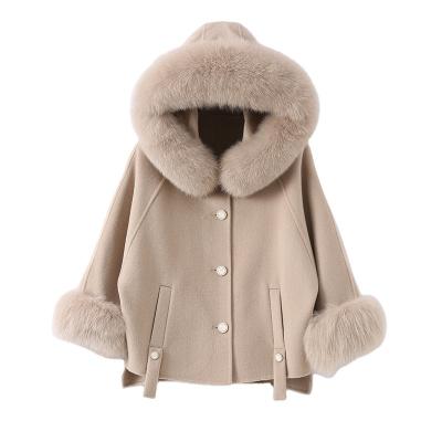 China PUDI Windproof Women Real Fox Fur Coat Ditch 2021 Winter New Female Wool Blendds Coats Jackets Shawl Poncho Z21160 for sale