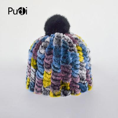 China Pudi Waterproof 2020 New Real Rabbit Winter Women Fur Cap Fashion Design Color Female Girl Leisure Warm Hats With Fur Ball HF804 for sale