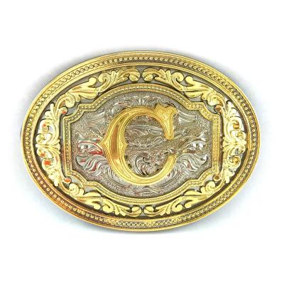 China Custom Western Cowboy Rodeo Style Eco-Friendly Zinc Alloy Metal Initial Letters Gold and Silver Two Tone Wide Belt Buckles for sale