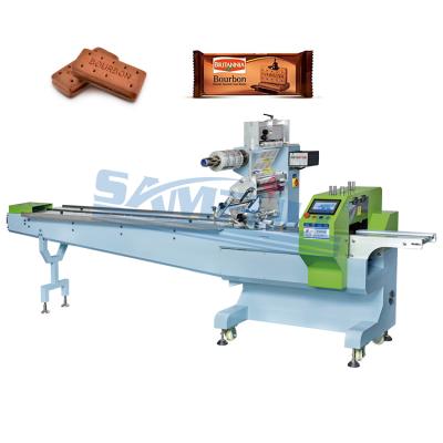 China Automatic horizontal food packing machine for bourbon cookie tray wrapping machine for donut pizza for sale