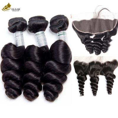 China Loose Wave Braziliaanse Kinky Curly Virgin Hair Pack met Frontal Lace Closure Te koop