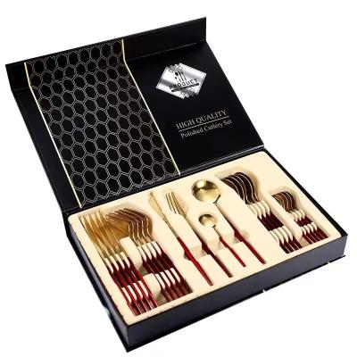 China Sustainable Pack High Quality Gold Flatware Sets 24pcs Stainless Steel Cutlery Set With Wooden Case for sale