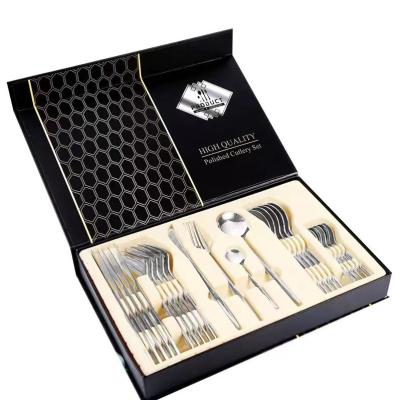 China Viable Wholesale Cheap Cutlery 24pcs Gold Dinnerware Spoon Fork Knife With Wooden Box Flatware Sets Stainless Steel Cutlery Set for sale