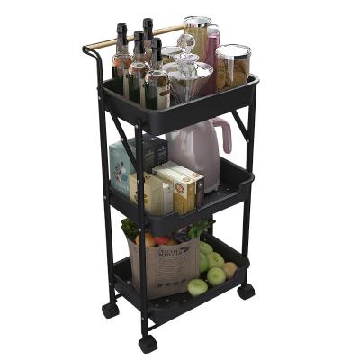 China Sustainable Multifunctional 3 Tiers Carbon Steel And Plastic Kitchen Cart Carts With Wooden Handle for sale