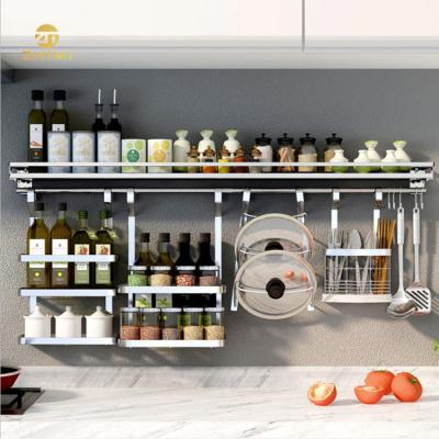 China Sustainable High Quality Wall Mounted 304 Stainless Steel Kitchen Accessaries Storage Spice Rack With Hooks for sale