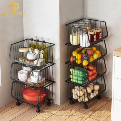 China 4 Tier Sustainable Standing Type Stackable Metal Wire Fruit Vegetable Food Storage Bin Basket For Kitchen for sale