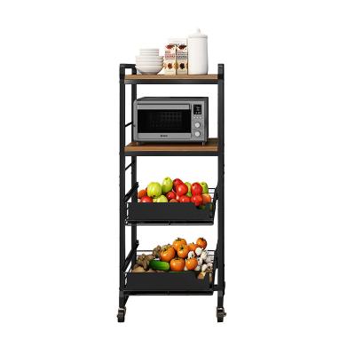 China Sustainable Multifunctional Four Tier Carbon Steel Kitchen Microwave Oven Rack With Drawer Storage Basket for sale