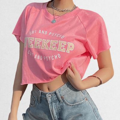 China Anti-Wrinkle 2021 Summer Cute Pink Printed Letters O-Neck Slim Ultra Short T-Shirt Loose Casual Cotton Ladies Crop Top for sale