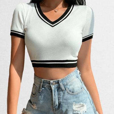 China European And American V-Neck Color Patchwork Women Anti-wrinkle White Knit Basic T-shirt Short Ribbed Stretch Slim Crop Top for sale