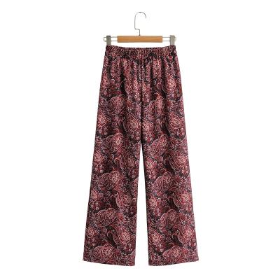 China Anti-wrinkle Women's Digital Printing Flower Pattern Elastic Waist Wide Leg Loose Long Straight Pants for sale