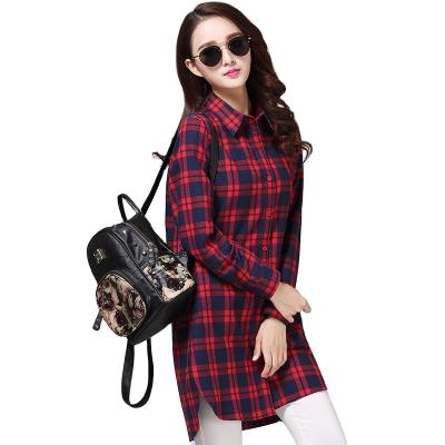 China Vintage Breathable Cotton Frosted Plaid Casual Large Women's Long Shirt Women's Long Sleeve Coat Dress for sale