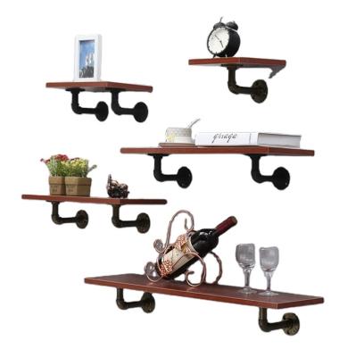 China Retro Style Wall Mounted Industrial Pipe Shelf Storage Shelf Living Room Bedroom Living Room Bathroom Antique Wooden Rack for sale