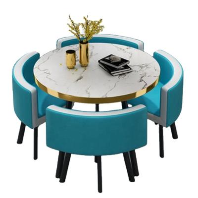 China (Others)Adjustable Nordic Round Dining Table And Chair Set 5 Piece Set Reception Leisure Leather Sofa Seat Restaurant Marble Single Dining Table for sale