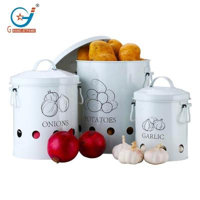 China Metal Kitchen Food Storage Jugs Garlic Onion Potato Containers Viable Bin Set of 3 Packs, with Venting Tin Storage Holes and Metal Lid for sale