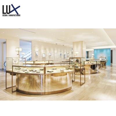 China Luxury Famous Brand Jewelry Display For Fashion Retail Jewelry Show Wooden Stainless Steel Gold Mall Jewelry Kiosk 5 Years Quality Warranty for sale