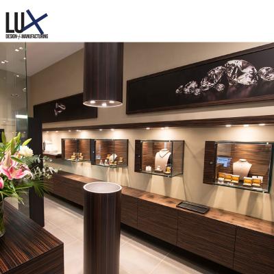 China Luxury Retail Furniture Tempered Glass Display Wooden Custom Jewelry Store Home Decor Wall Locks Jewelry Showcase 5 Years Quality Warranty for sale