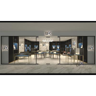 China LUX Design Elegant Jewelry Shop Decoration with LOGO Wall Stainless Steel Display Shop Cabinet for Iconic Store 5 Years Quality Warranty for sale