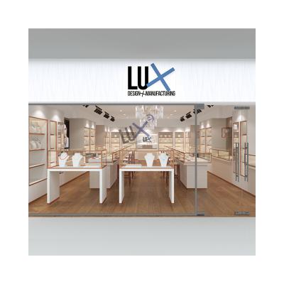 China LUX Jewelry Store Interior Design Classic White Wood Metal Jewelry Display Glass Custom Display Case 5 Years Quality Warranty for sale