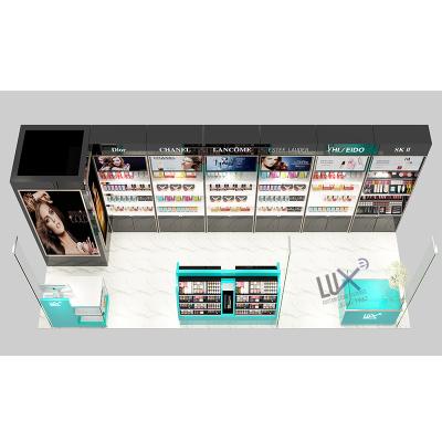 China LUX Design Latest Design Cyan Cosmetic Shop Design With LED Light Tall Display Cabinet For Shops 5 Years Quality Warranty for sale