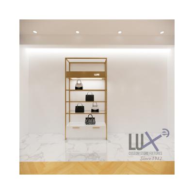 China LUX Lady Leather Handbag Shop Shopfitting Decor Manufacture Gold Handbag Shop Display Handbag Wall Shelf Wooden Steel 5 Years Quality Warranty for sale