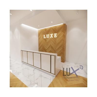 China LUX Design Decor Shopfitting White Gold Cash Desk Counter Bag Shop Display Shoes Lady Hand Bags Shop and Bag Wood Furniture 5 Years Quality Warranty for sale