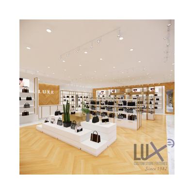 China LUX Customized Furniture Manufacture Wooden metal gold white bags shop display handbag shop design bags shop interior design 5 years quality warranty for sale