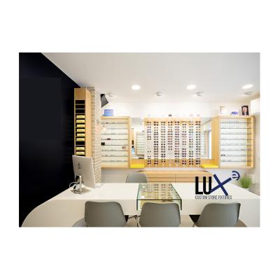 China LUX For Optical Shop Fitting Wooden MDF Custom Glass With Light Optical Furniture Wall Mounted Optical Display Cabinets 5 Years Quality Warranty for sale