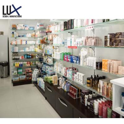 China eco-friendly wooden medical counter, drug store wall shelf design, pharmacy store furniture for sale