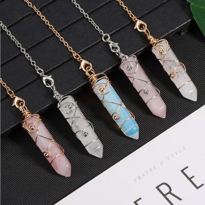 China Europe Wire Wrapped Hexagonal Point Pendule Gemstone Pendulum Quartz Crystal Natural Rose Quartz Stone Healing Pendulums For Sale A039 for sale